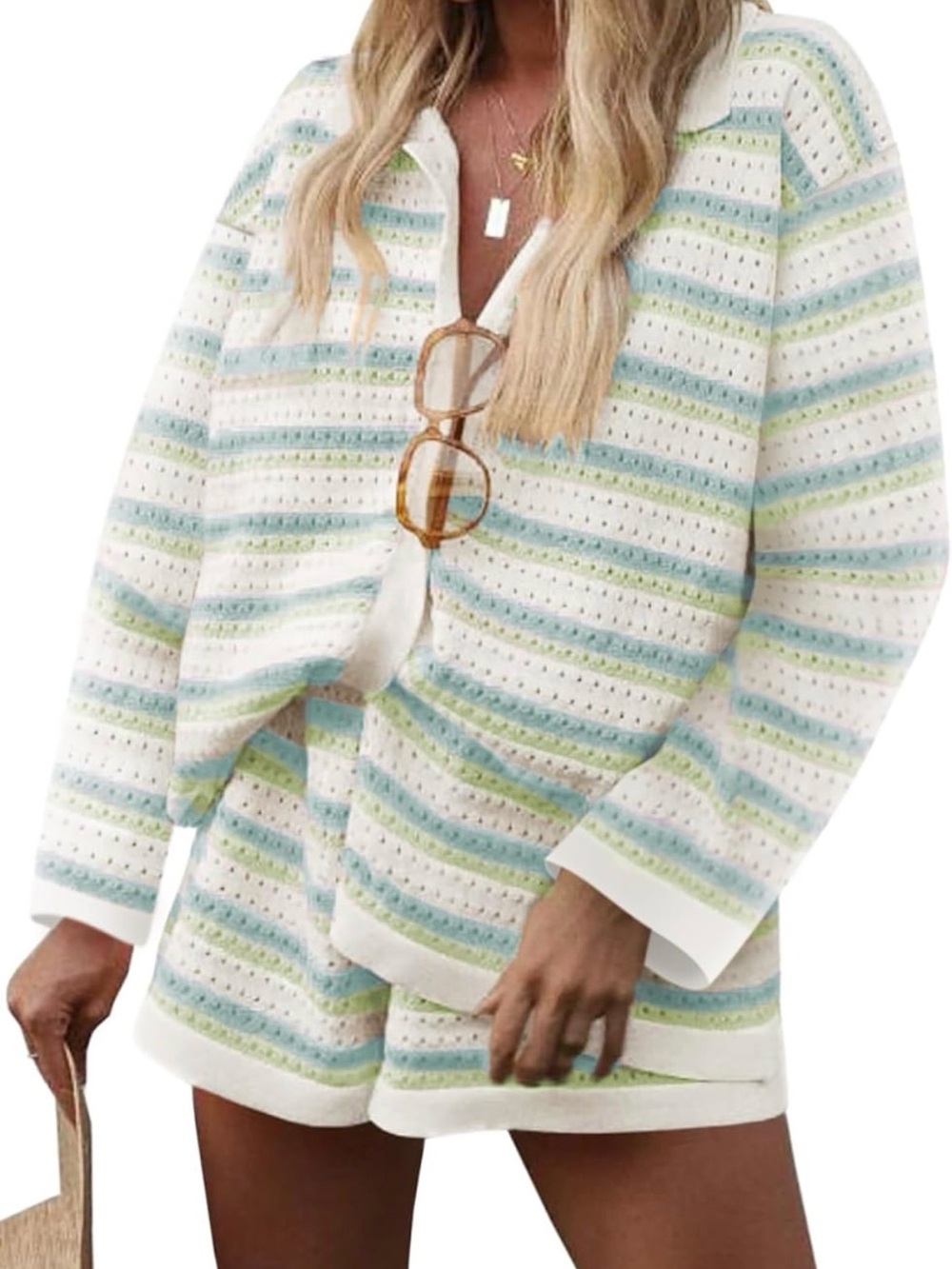 Women’s Two-Piece Striped Knit Set in White, Pastel Blue & Soft Green - Picture 7 of 7